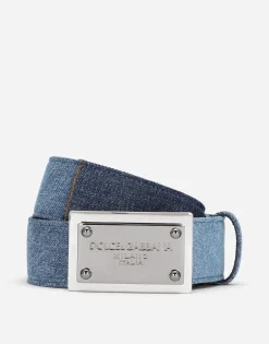 Patchwork denim belt with logo tag