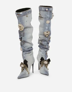 Patchwork denim boots with embroidery