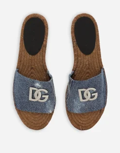 Patchwork denim espadrille sliders