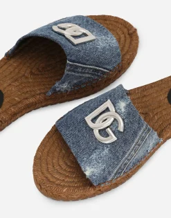 Patchwork denim espadrille sliders