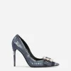 Patchwork denim pumps with rhinestone buckle