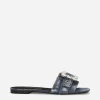 Patchwork denim slides with rhinestone buckle