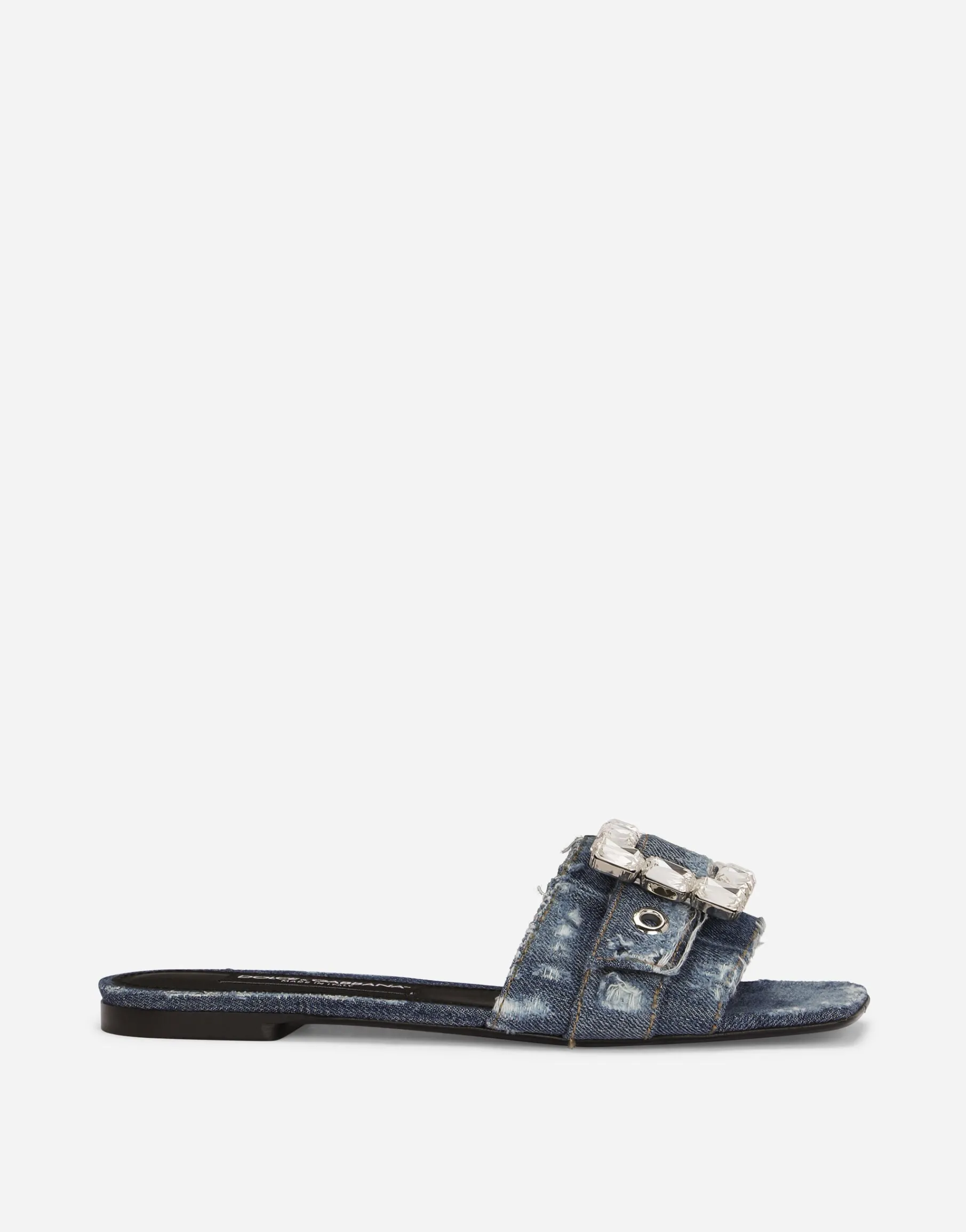 Patchwork denim slides with rhinestone buckle