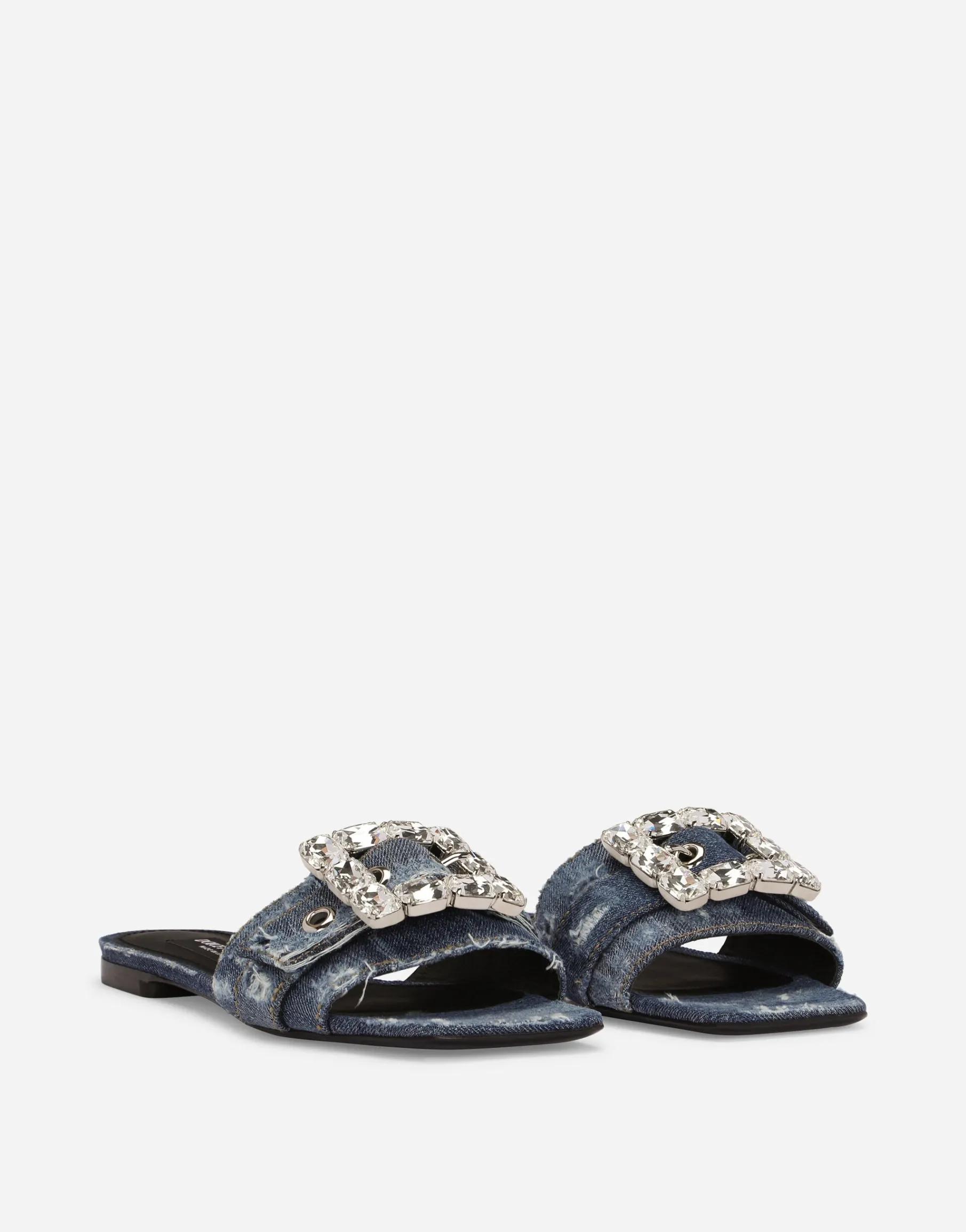 Patchwork denim slides with rhinestone buckle