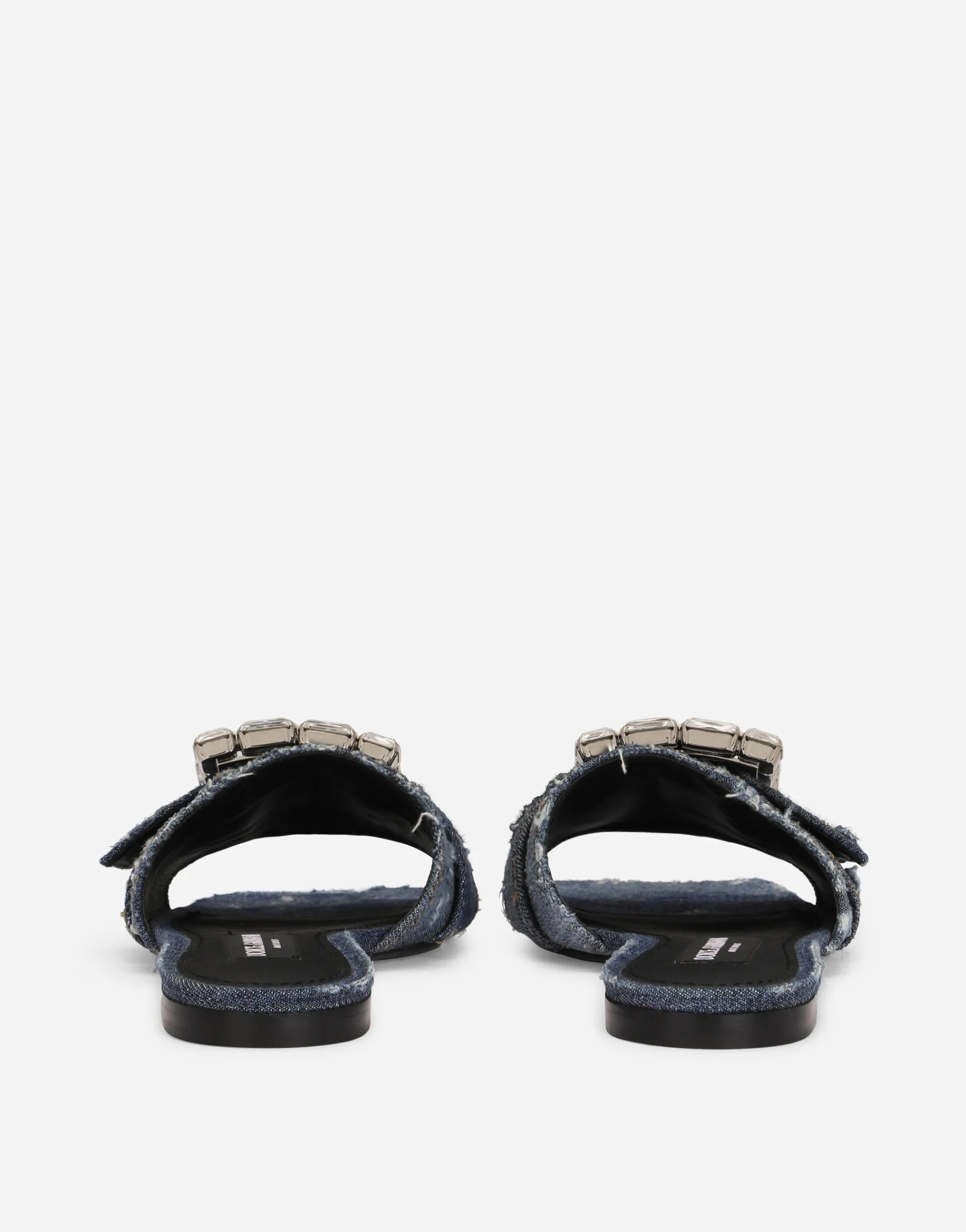 Patchwork denim slides with rhinestone buckle