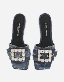 Patchwork denim slides with rhinestone buckle