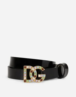 Patent leather belt with multi-colored crystals