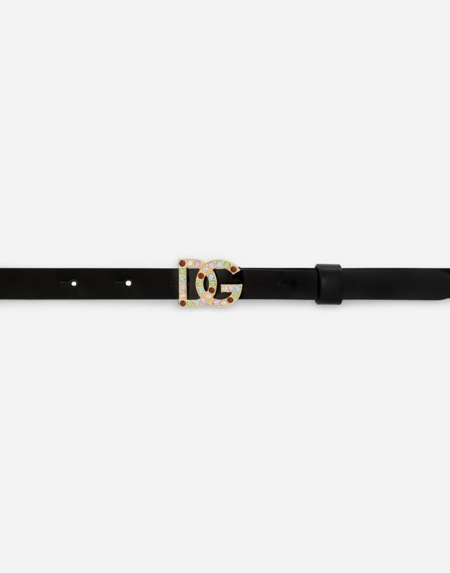 Patent leather belt with multi-colored crystals
