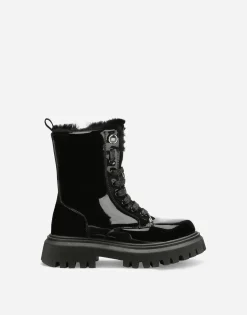Patent leather combat boots with faux fur lining