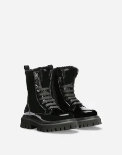 Patent leather combat boots with faux fur lining