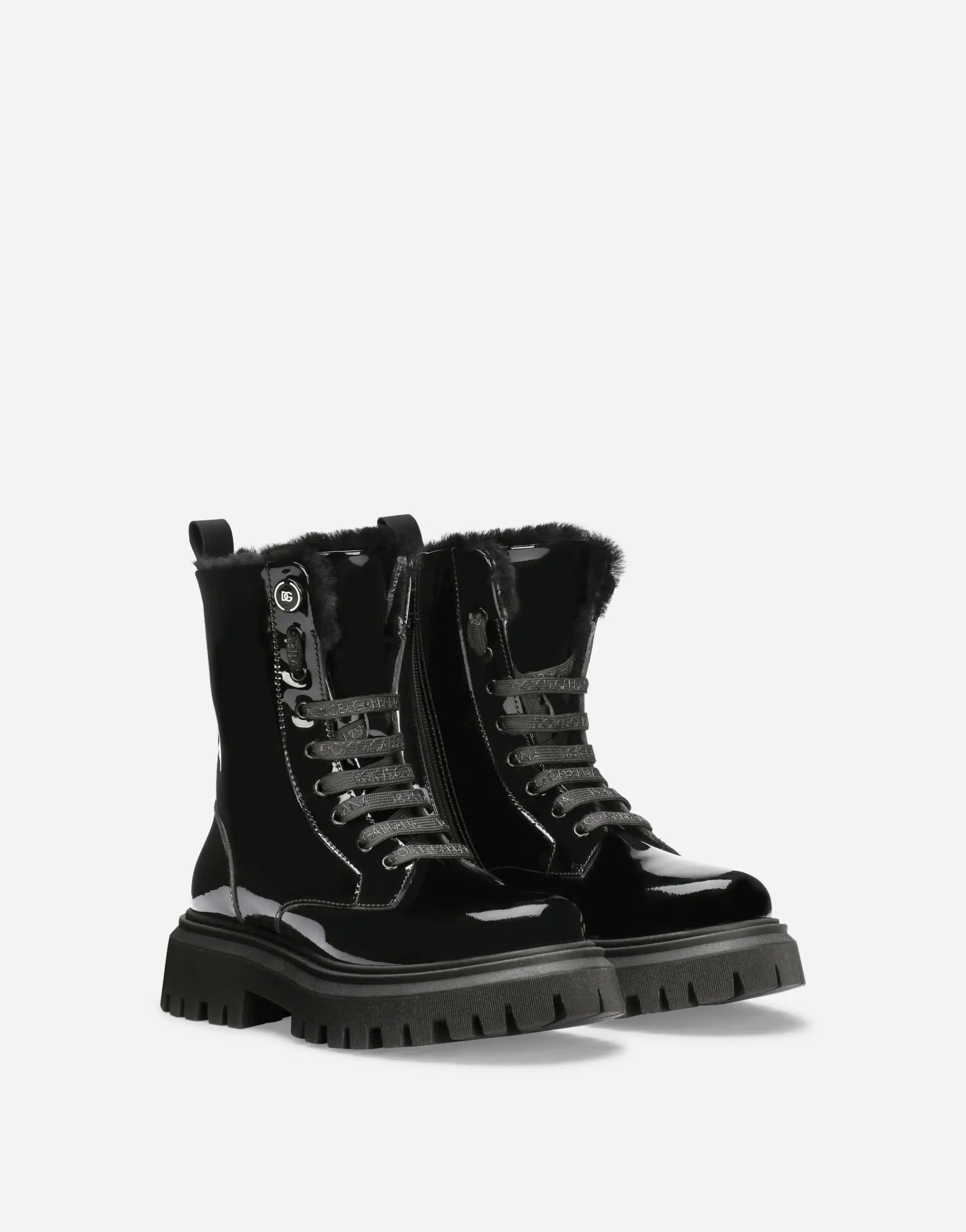 Patent leather combat boots with faux fur lining