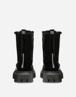 Patent leather combat boots with faux fur lining