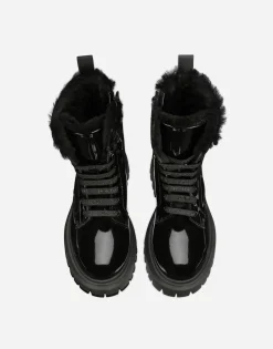 Patent leather combat boots with faux fur lining