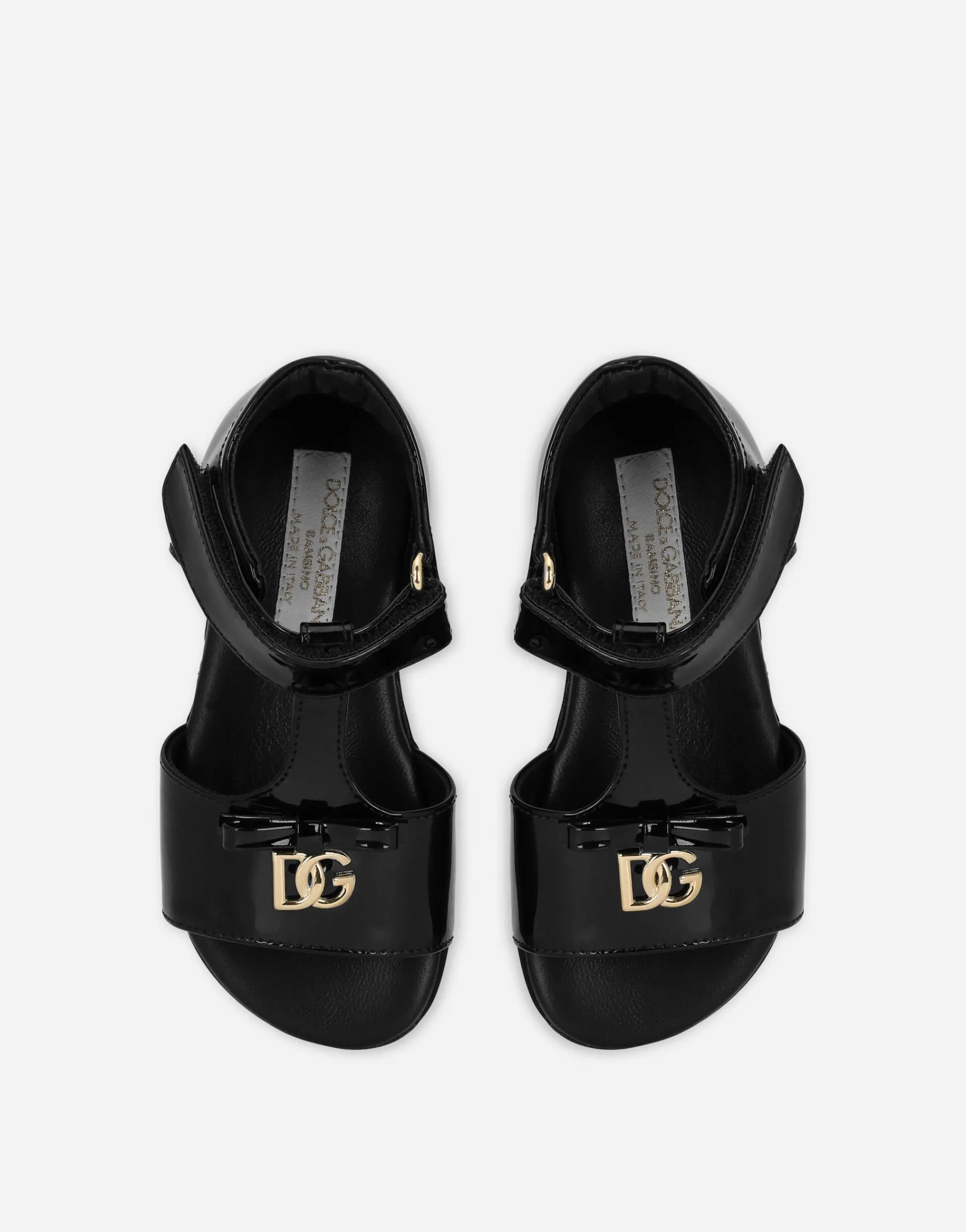 Patent leather first steps sandals with metal DG logo