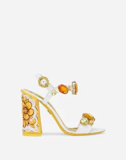 Patent leather sandals with stone embellishment and painted heel