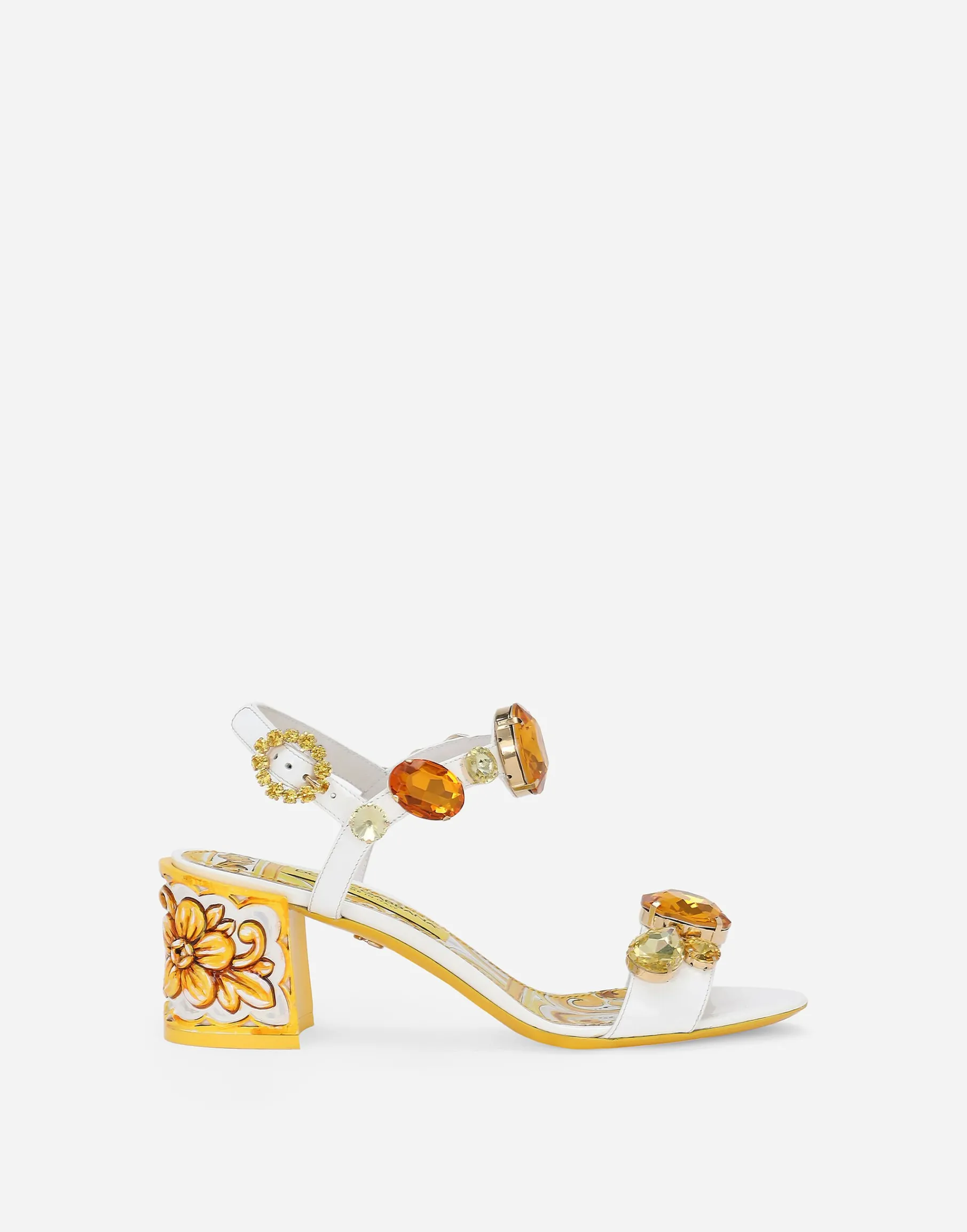 Patent leather sandals with stone embellishment and painted heel