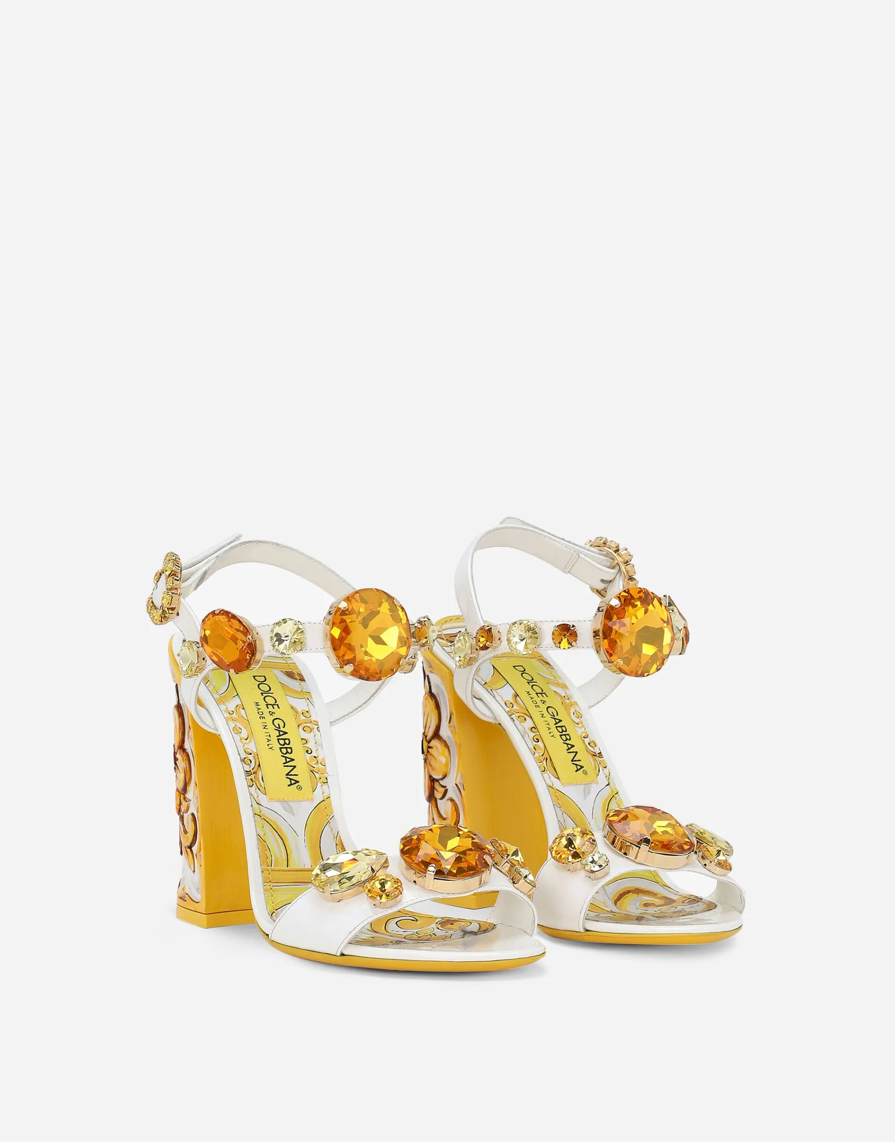 Patent leather sandals with stone embellishment and painted heel