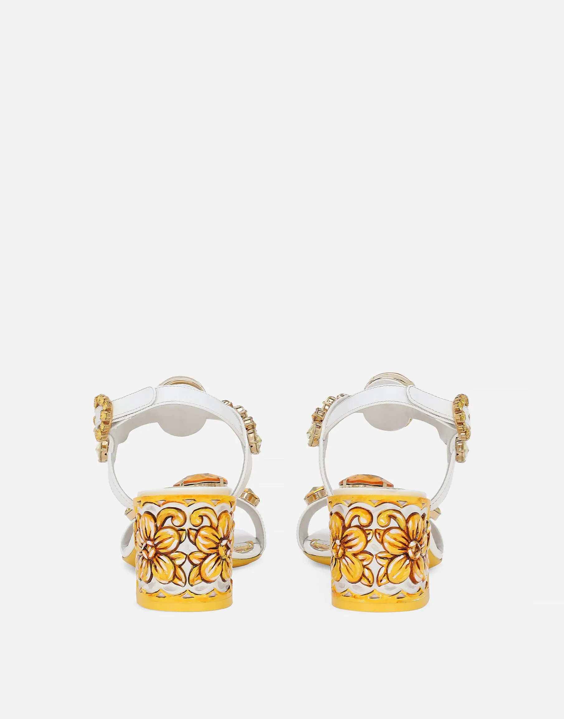 Patent leather sandals with stone embellishment and painted heel