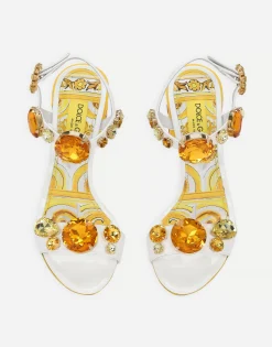 Patent leather sandals with stone embellishment and painted heel