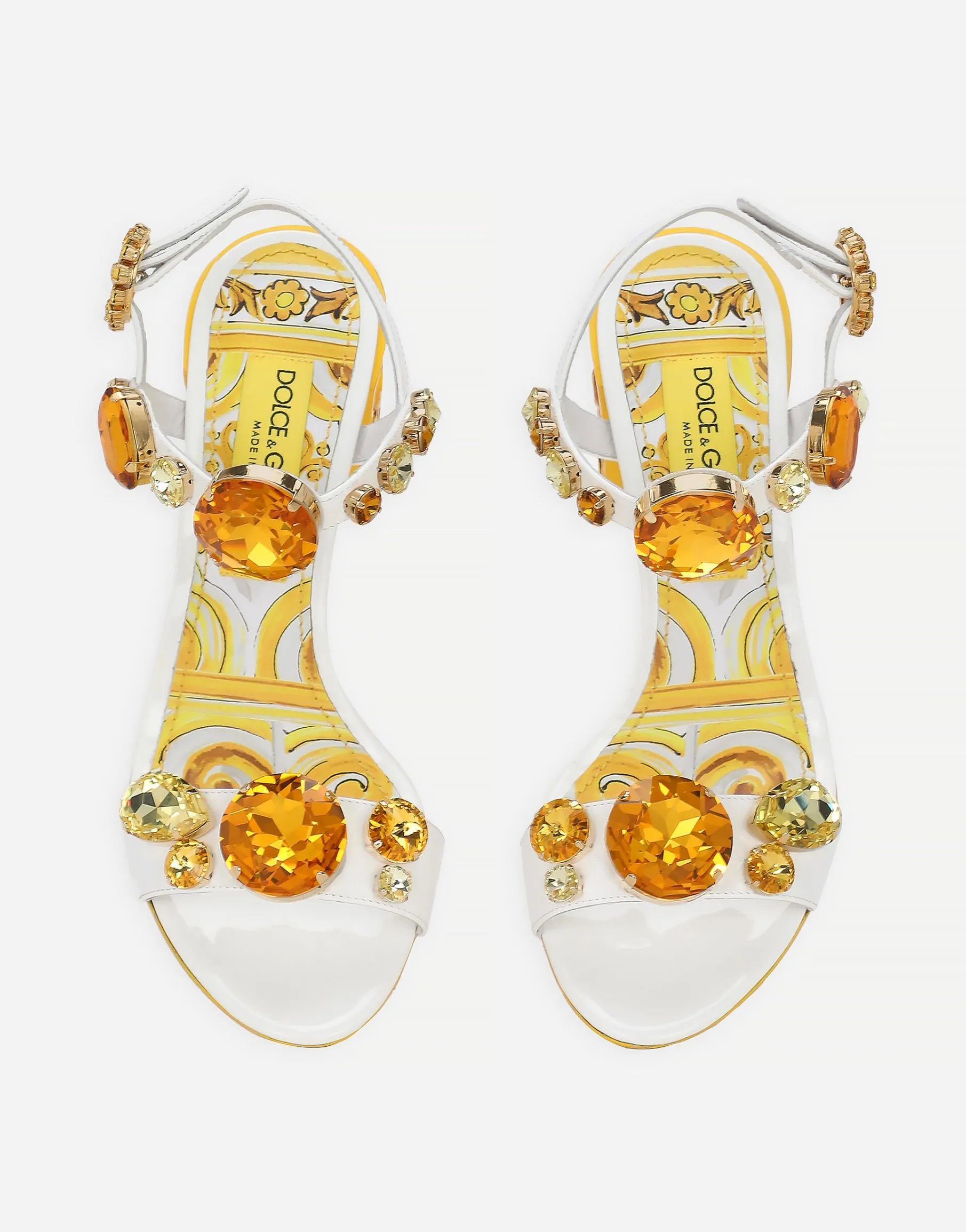 Patent leather sandals with stone embellishment and painted heel