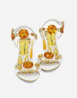 Patent leather sandals with stone embellishment and painted heel