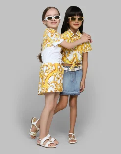 Patent leather sandals with yellow majolica print and Swarovski crystals
