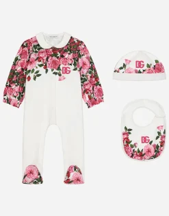 3-piece interlock gift set with rose print over a white background