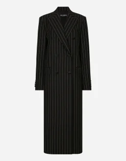 Pinstripe double-breasted coat in woolen fabric