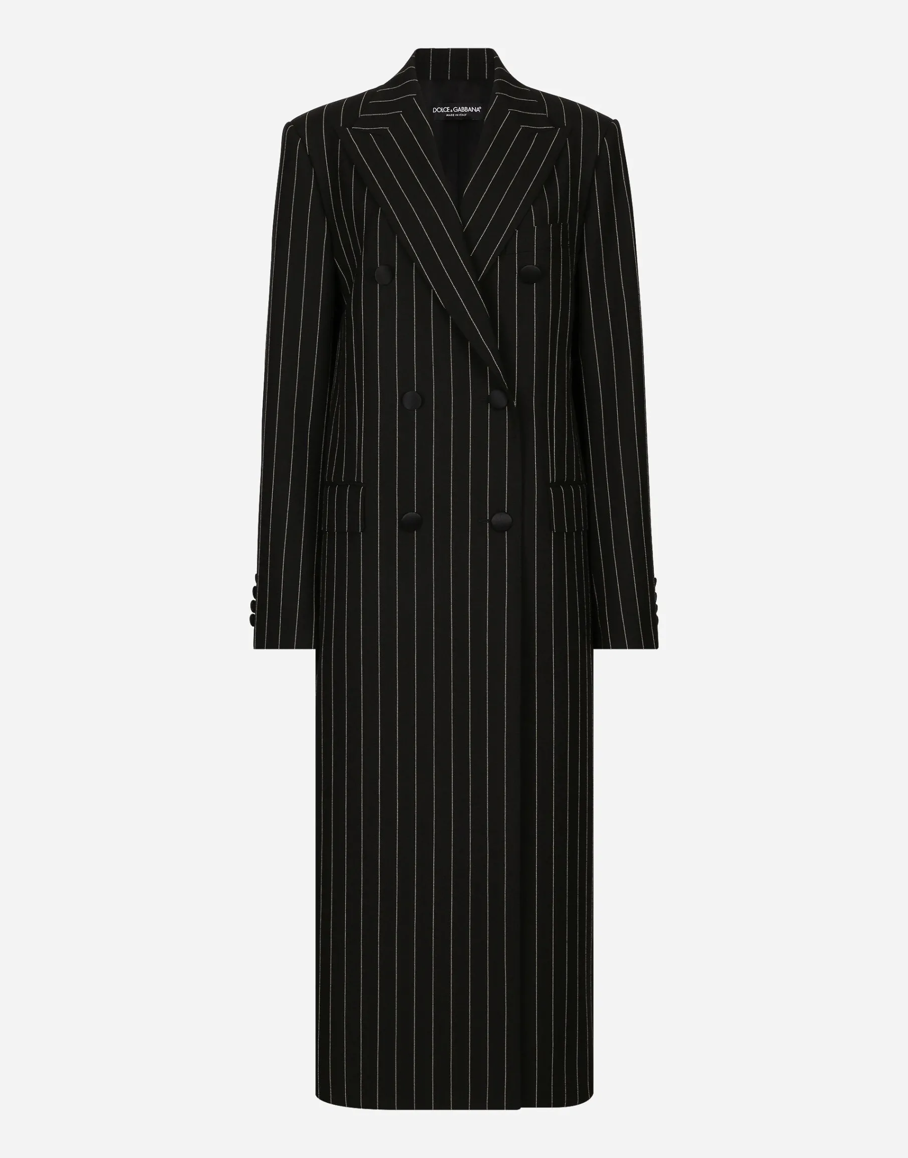 Pinstripe double-breasted coat in woolen fabric