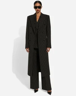 Pinstripe double-breasted coat in woolen fabric