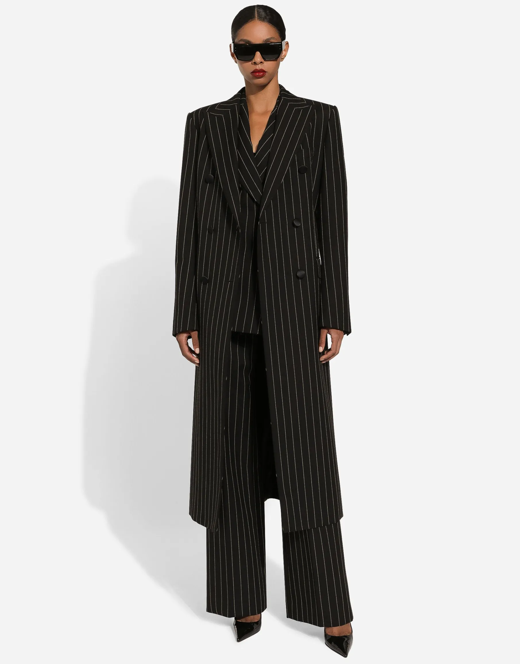 Pinstripe double-breasted coat in woolen fabric