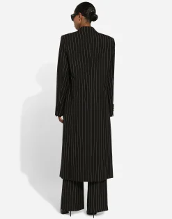 Pinstripe double-breasted coat in woolen fabric
