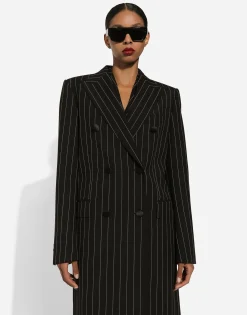Pinstripe double-breasted coat in woolen fabric