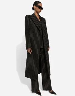 Pinstripe double-breasted coat in woolen fabric