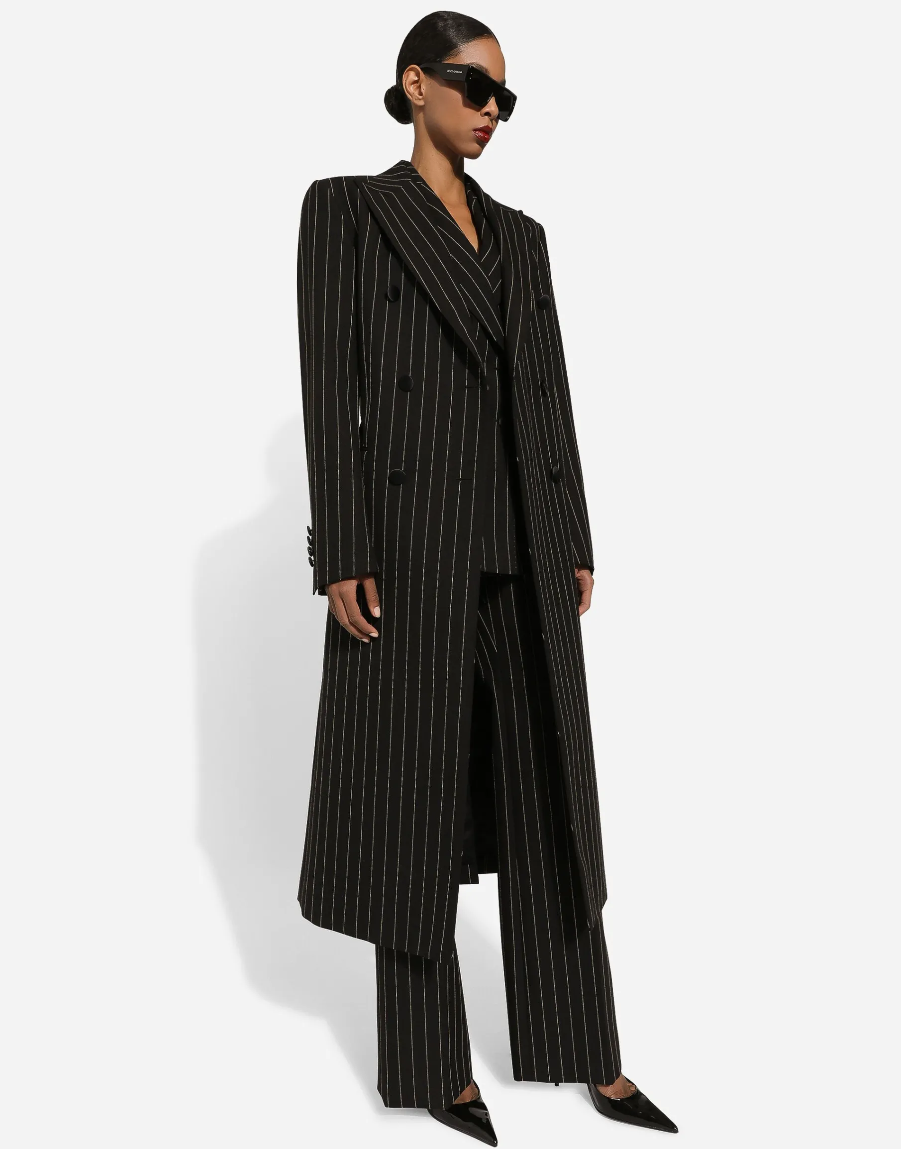 Pinstripe double-breasted coat in woolen fabric