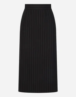 Pinstripe wool calf-length skirt