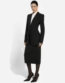 Pinstripe wool calf-length skirt