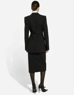 Pinstripe wool calf-length skirt