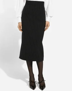 Pinstripe wool calf-length skirt