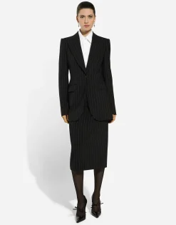 Pinstripe wool calf-length skirt