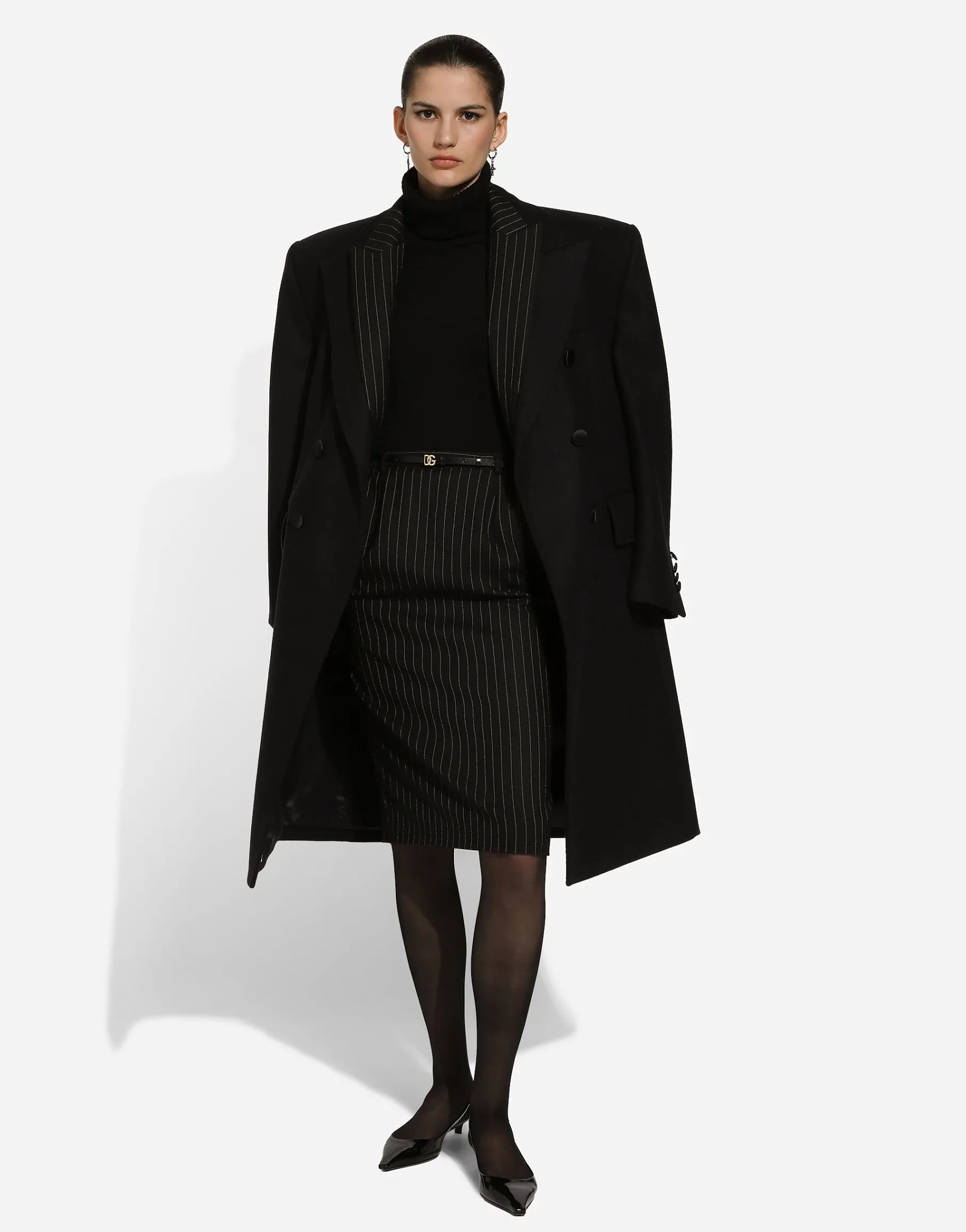 Pinstripe wool calf-length skirt