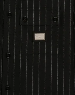 Pinstripe wool shirt with branded tag