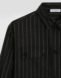 Pinstripe wool shirt with branded tag