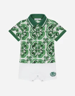Piqué onesie with green majolica print and DG logo