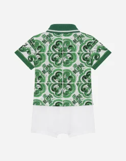 Piqué onesie with green majolica print and DG logo