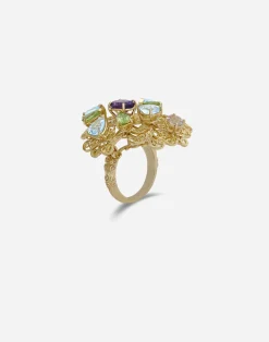 Pizzo ring in yellow gold filgree with amethyst, aquamarines, peridots and morganite