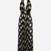 Pleated chiffon calf-length dress with polka-dot print