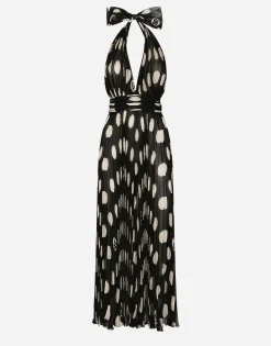 Pleated chiffon calf-length dress with polka-dot print
