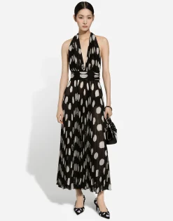 Pleated chiffon calf-length dress with polka-dot print