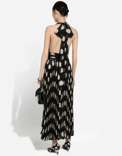 Pleated chiffon calf-length dress with polka-dot print